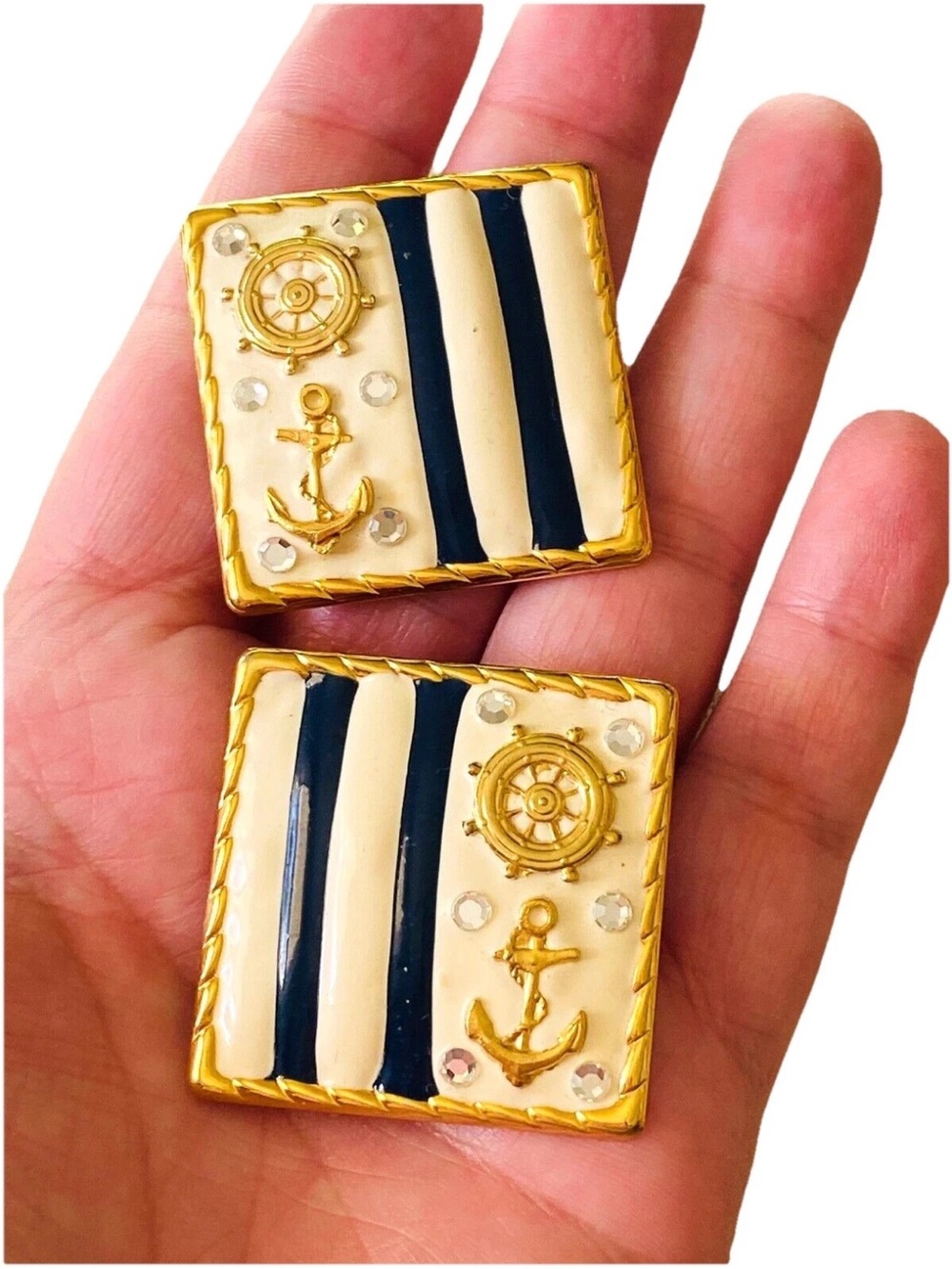 Vintage 1980s Enamel Gold Tone NAUTICAL Ship Wheel Anchor Pierced Earrings